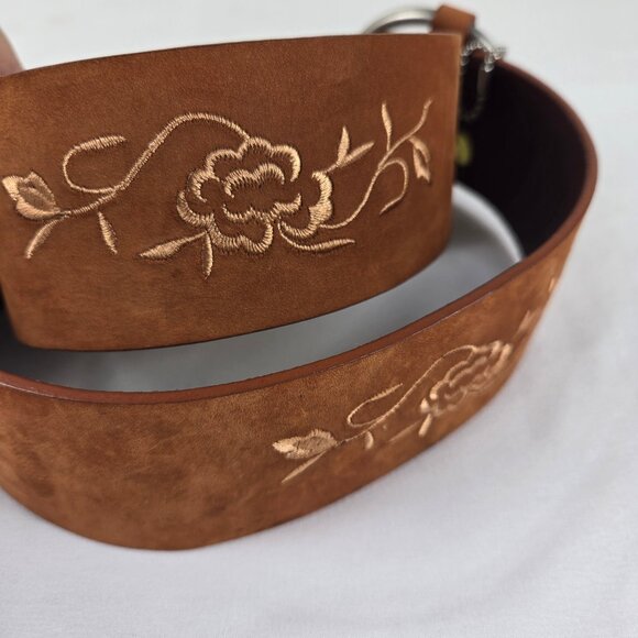 Olga Santini Sz Medium Brown/Rust Wide Belt Embroidered Flowers Silver Hardware - Picture 3 of 9